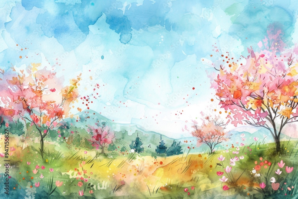 A serene landscape featuring a field with trees and flowers, perfect for use in nature-themed designs A serene landscape featuring a field with trees and flowers, perfect for use in nature-themed designs