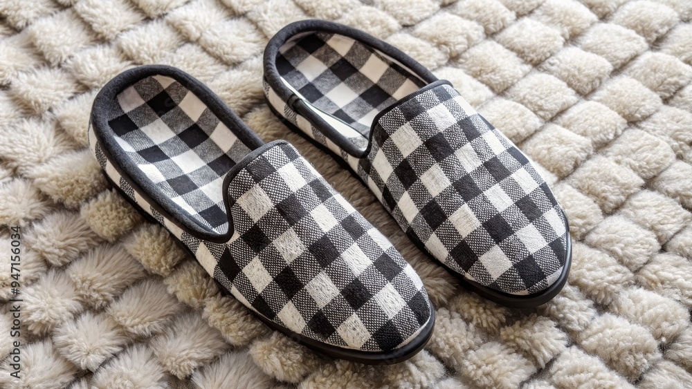 Checkered slippers in black and white pattern on a cozy rug , cozy, comfortable, footwear, fashion, home, relaxation, checkerboard Checkered slippers in black and white pattern on a cozy rug , cozy, comfortable, footwear, fashion, home, relaxation, checkerboard