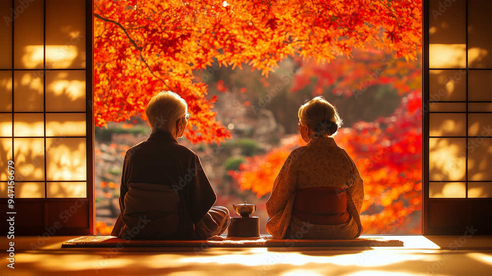 紅葉を楽しむ和の空間での夫婦 紅葉を楽しむ和の空間での夫婦