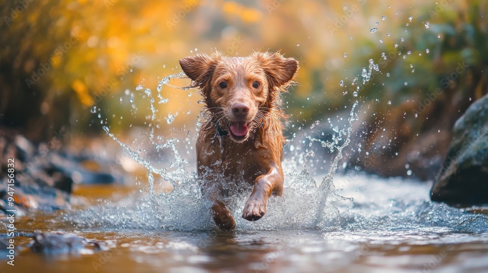 Golden Retriever Running Through a Stream Golden Retriever Running Through a Stream