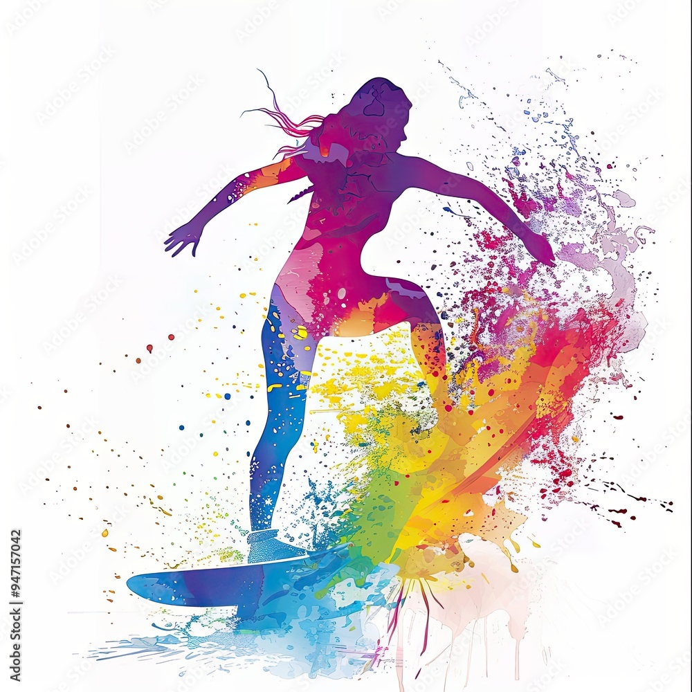 artwork depicts a surfer in action, surrounded by bold, colorful splashes that emphasize motion and intensity against a white backdrop. artwork depicts a surfer in action, surrounded by bold, colorful splashes that emphasize motion and intensity against a white backdrop.