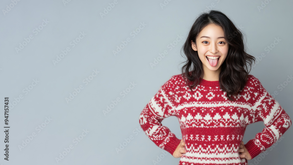 Happy Japanese woman wearing red christmas sweatshirt showing tongue Happy Japanese woman wearing red christmas sweatshirt showing tongue