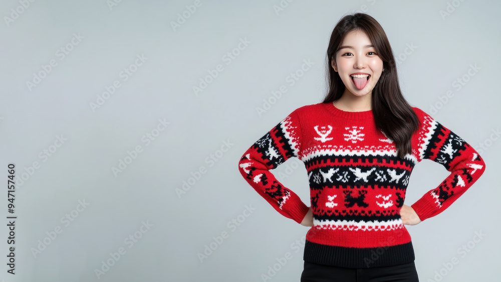 Happy Korean woman wearing red christmas sweatshirt showing tongue
