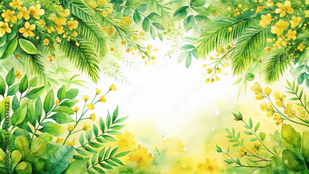 Watercolor painting of lush green leaves and vibrant yellow flowers , watercolor, painting, green leaves, yellow flowers Watercolor painting of lush green leaves and vibrant yellow flowers , watercolor, painting, green leaves, yellow flowers
