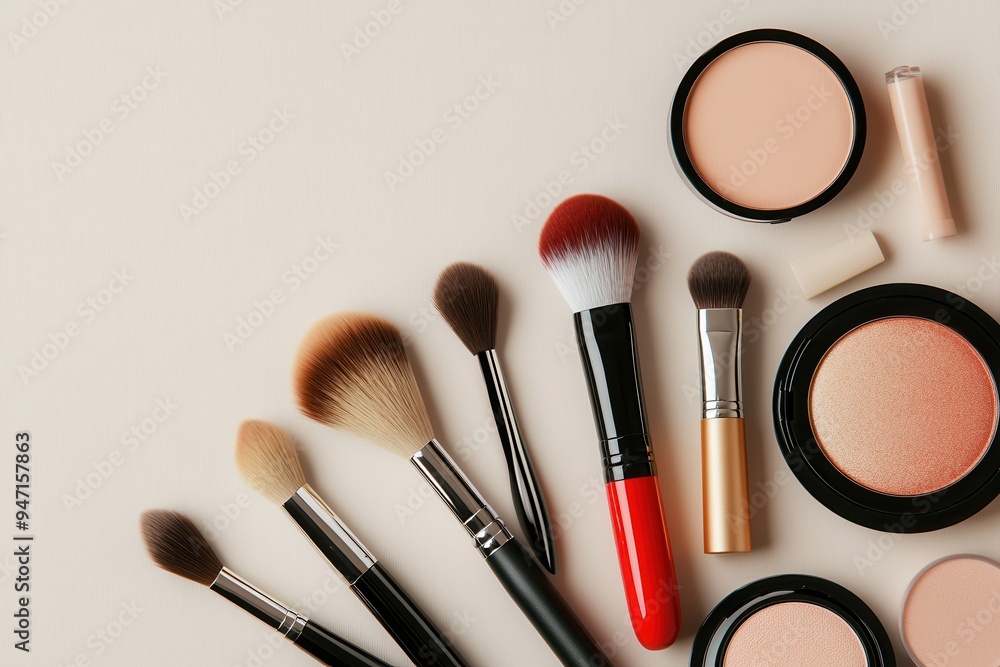 A neat layout features cosmetic products like lipstick, brushes, and powder on a light surface, showcasing their elegant simplicity. Generative AI A neat layout features cosmetic products like lipstick, brushes, and powder on a light surface, showcasing their elegant simplicity. Generative AI