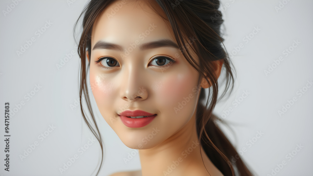 Beautiful young Asian woman with glowing skin and pink shimmering makeup. Generative AI Beautiful young Asian woman with glowing skin and pink shimmering makeup. Generative AI