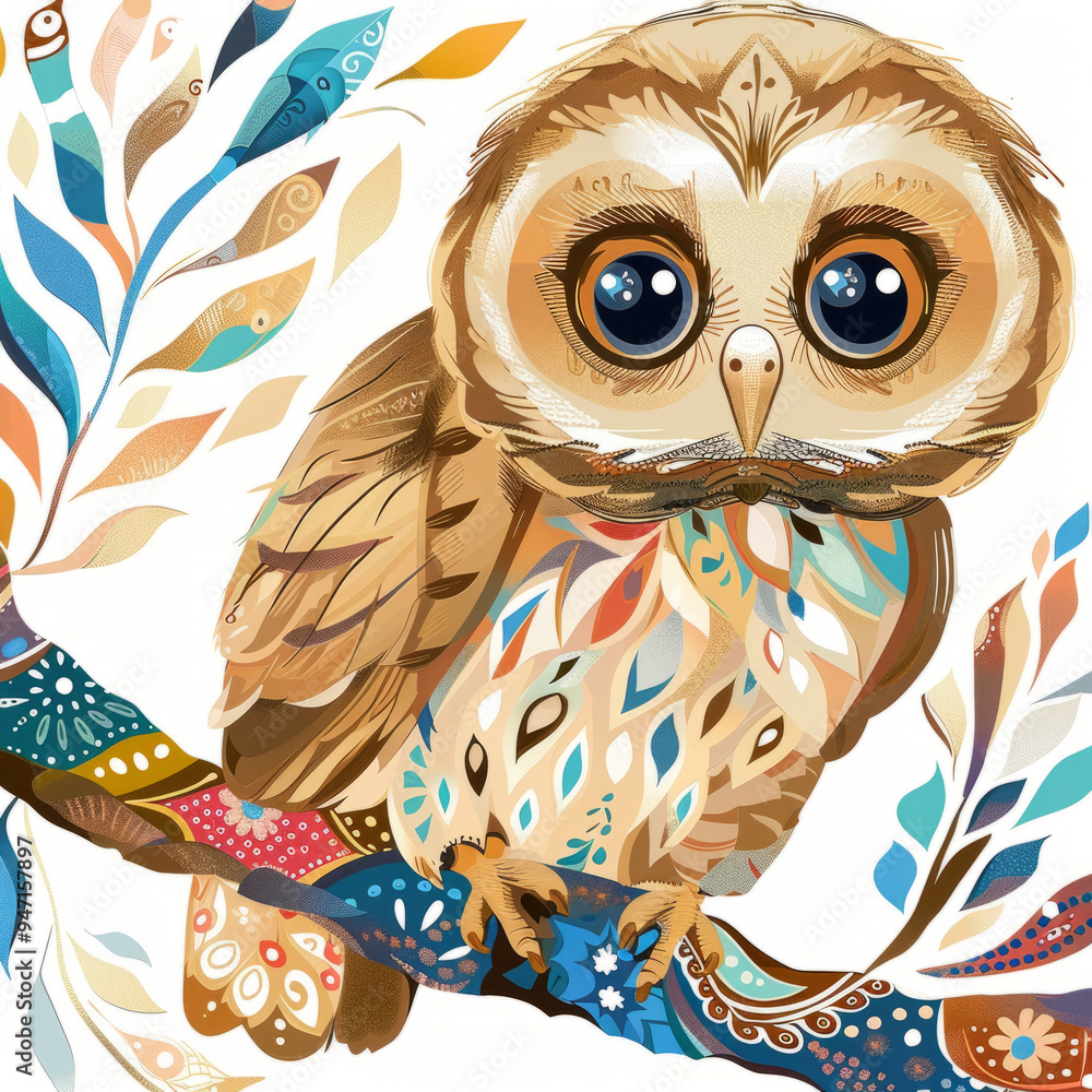 Obraz premium Colorful owl illustration with decorative patterns, cute bird art, whimsical nature-inspired design