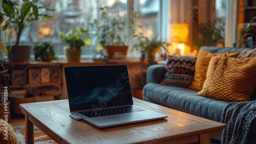 Cozy home office setup with a laptop on a wooden table, surrounded by plants and warm lighting, ideal for remote work inspiration.