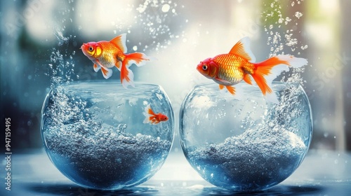 Two Goldfish Jumping Out of Their Tanks photo