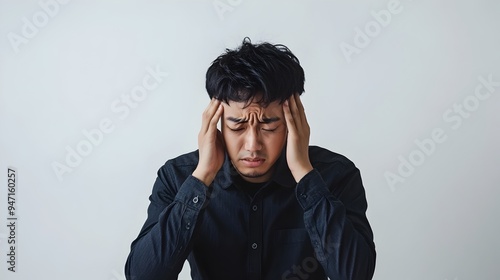 Asian Man Holding Head in Stress on Monochrome Background