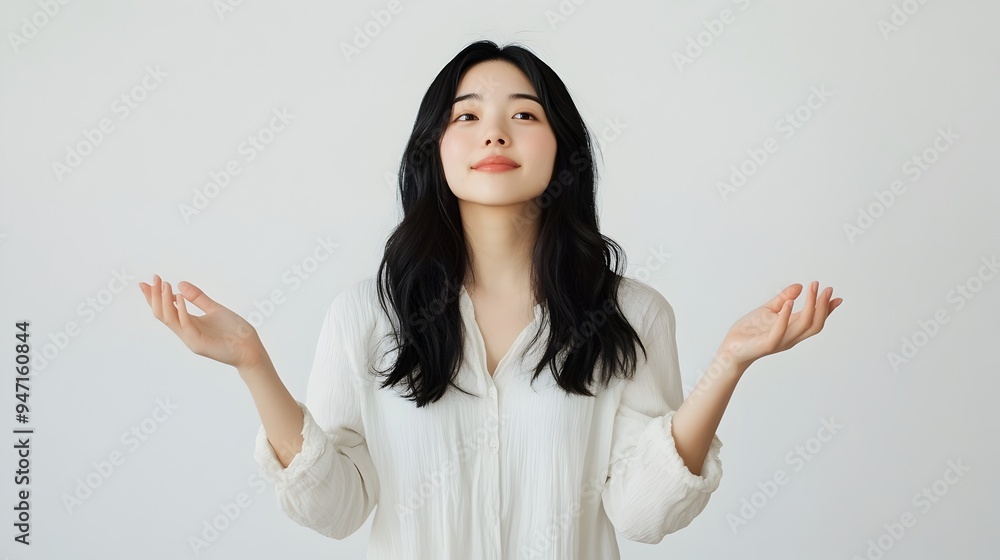 Asian Woman Pretending to Hold Invisible Object on White Background Asian Woman Pretending to Hold Invisible Object on White Background