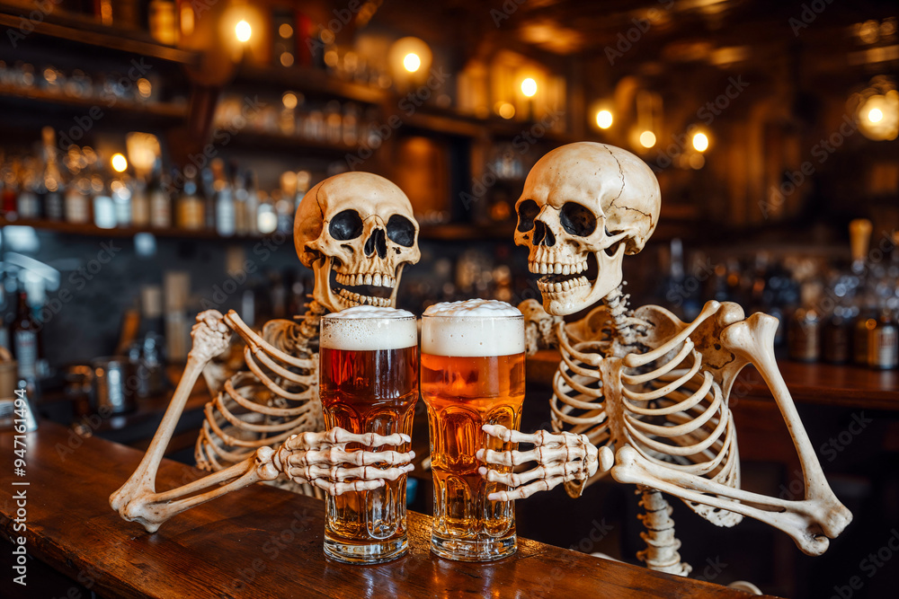 Two skeletons in a pub drinking beer, toasting, funny, humor Two skeletons in a pub drinking beer, toasting, funny, humor