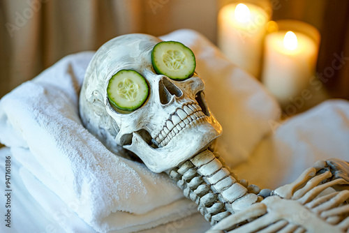 Skeleton getting a facial at a spa, humor photo