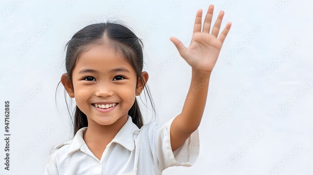 Burmese Schoolgirl Waving with Friendly Smile on White Background Burmese Schoolgirl Waving with Friendly Smile on White Background