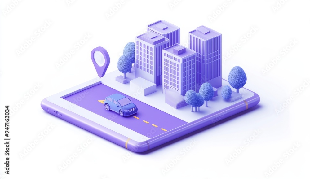 3D cartoon render of a car route planning app with a map and location pin on a smartphone screen, isolated on a white background 3D cartoon render of a car route planning app with a map and location pin on a smartphone screen, isolated on a white background