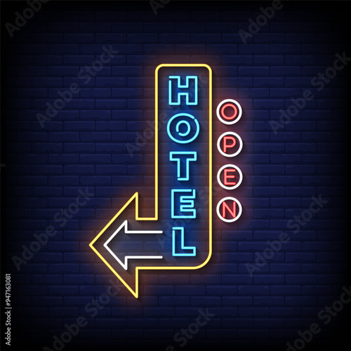hotel open neon sign vector with brick wall background 