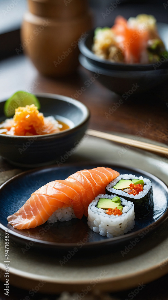 The dining table was beautifully arranged with delicious sushi - colorful pieces of sashimi with a shiny surface -2 The dining table was beautifully arranged with delicious sushi - colorful pieces of sashimi with a shiny surface -2