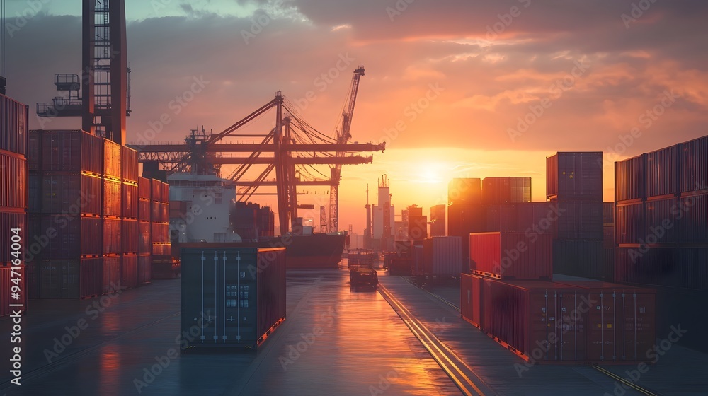 Cargo Containers Being Loaded onto a Ship at Sunrise in a Bustling Seaport Cargo Containers Being Loaded onto a Ship at Sunrise in a Bustling Seaport