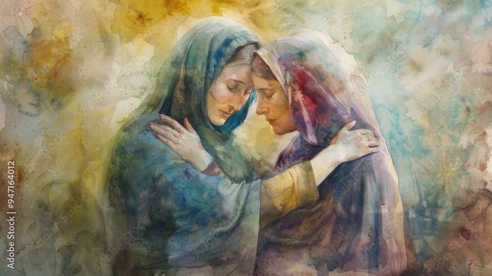The artwork illustrates the joyful embrace between Mary and Elizabeth, reflecting a moment of warmth and holiness in a biblical context,biblical motifs, watercolor The artwork illustrates the joyful embrace between Mary and Elizabeth, reflecting a moment of warmth and holiness in a biblical context,biblical motifs, watercolor