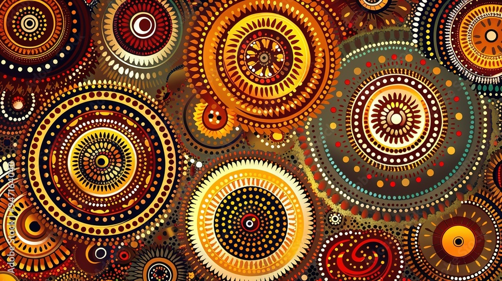 Fototapeta premium Abstract Pattern with Interlocking Circular Shapes in Yellow, Orange, Red, Brown, and Black