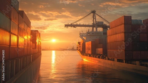 Wallpaper Mural Cargo Containers Being Loaded onto a Ship at Sunrise in a Busy Seaport Torontodigital.ca