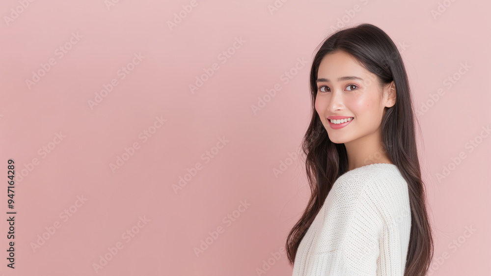 Malay woman in white sweater smile to copy space for text advertising Malay woman in white sweater smile to copy space for text advertising