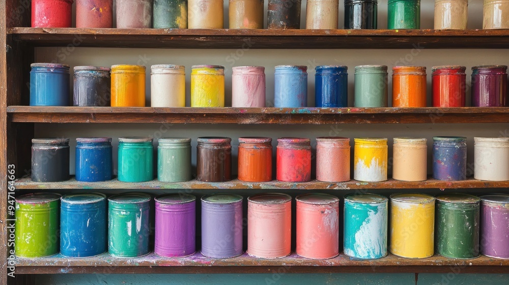 Colorful Paint Cans on Wooden Shelves Colorful Paint Cans on Wooden Shelves