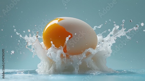 Studio shot of a cracked egg flying in the air against a blue backdrop. Generative AI. photo