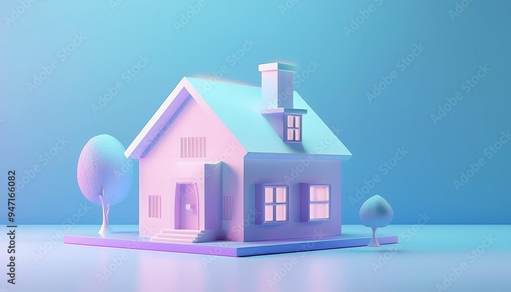 Minimalist 3D illustration of a house with trees, showcasing a serene and modern architectural style in pastel colors. Minimalist 3D illustration of a house with trees, showcasing a serene and modern architectural style in pastel colors.