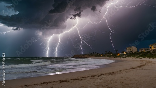 Lightning over stormy beach. Raw power, lightning illuminating crashing waves, light on sandy shore. photo