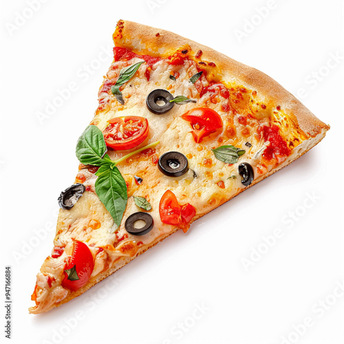 Pizza slice isolated on white background, online delivery from pizzeria, take away and fast food concept photo