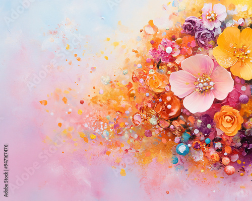 A painting of a flower bouquet with a pink background. The flowers are in various colors and sizes, and there are many small beads scattered throughout the painting