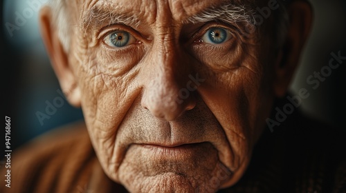 Close-up portrait of an old man with blue eyes