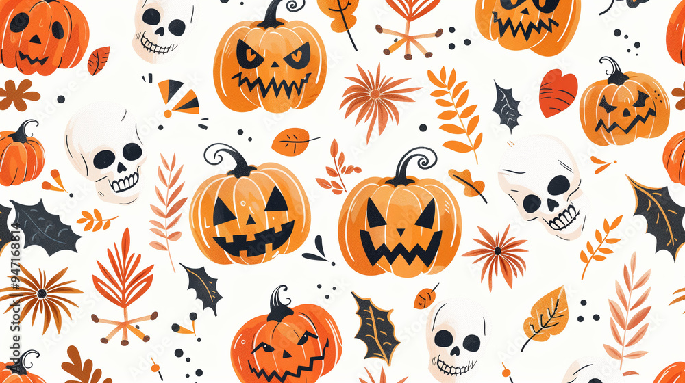 Seamless Halloween pattern with jack-o'-lanterns, skulls, and autumn leaves Seamless Halloween pattern with jack-o'-lanterns, skulls, and autumn leaves