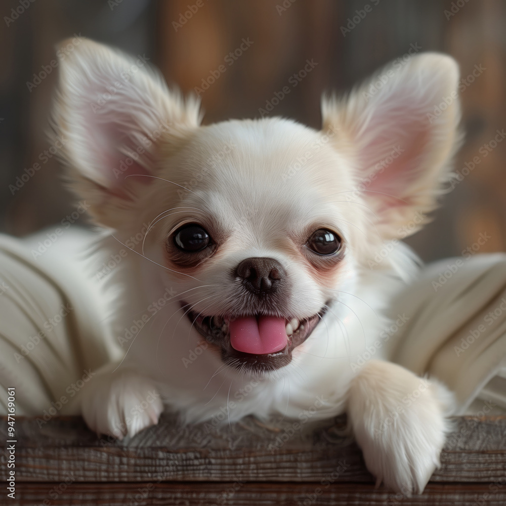 Close-Up of Adorable White Chihuahua Puppy with Large Ears and Pink Tongue Peeking Over a Wooden Table Close-Up of Adorable White Chihuahua Puppy with Large Ears and Pink Tongue Peeking Over a Wooden Table