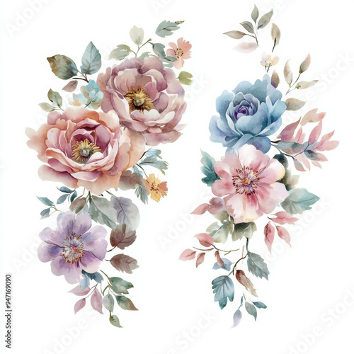 Beautiful watercolor floral arrangement featuring soft pink, blue, and purple flowers with delicate leaves, perfect for decoration or design.