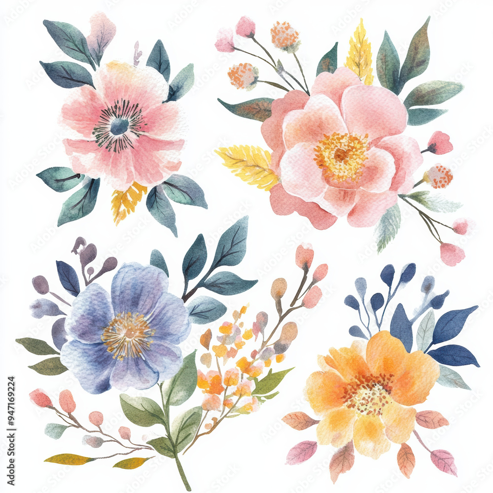 Obraz premium Beautiful watercolor floral arrangements featuring various flowers and leaves. soft colors and delicate details create serene and artistic vibe.