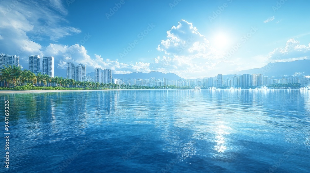 Fototapeta premium A surreal 3D landscape showcasing a blue ocean surface, smooth and shiny terrain, digital spray guns, and quantum waves gathering to create a peaceful atmosphere.