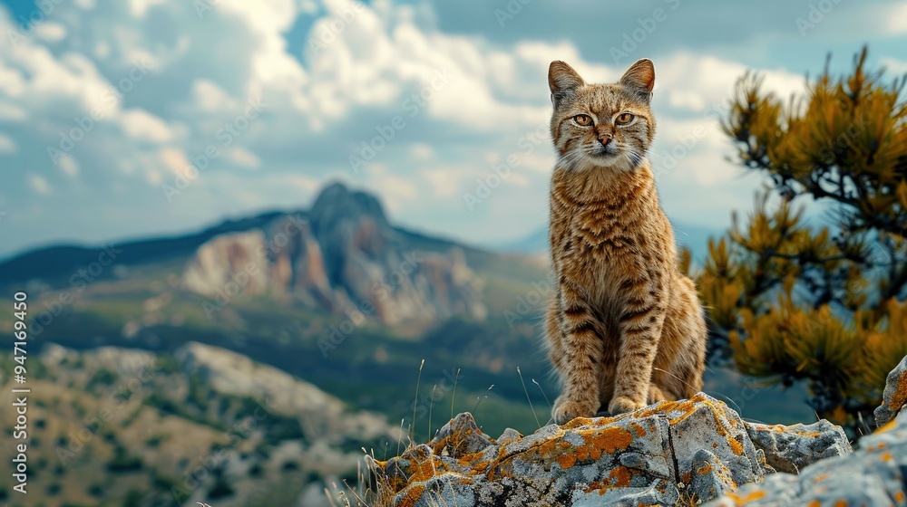 Fototapeta premium A Tabby Cat Perched on a Rocky Mountaintop