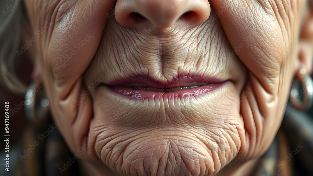 Close up of elderly woman's wrinkles around mouth. Generative AI Close up of elderly woman's wrinkles around mouth. Generative AI