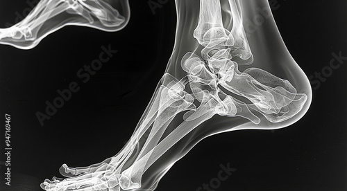 An X-ray view of a dancer legs in mid-leap, showcasing the bones and muscles involved in the movement. Generative AI.