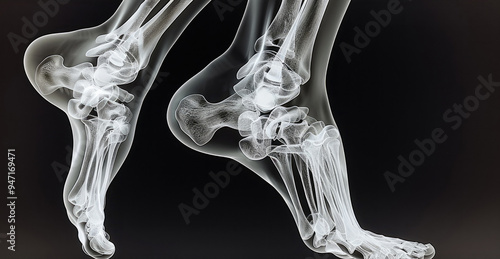 An X-ray view of a dancer legs in mid-leap, showcasing the bones and muscles involved in the movement. Generative AI.