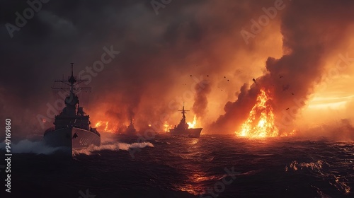 Destroyer Pursuing Submarine Amidst Smoke and Flames in Turbulent Seascape