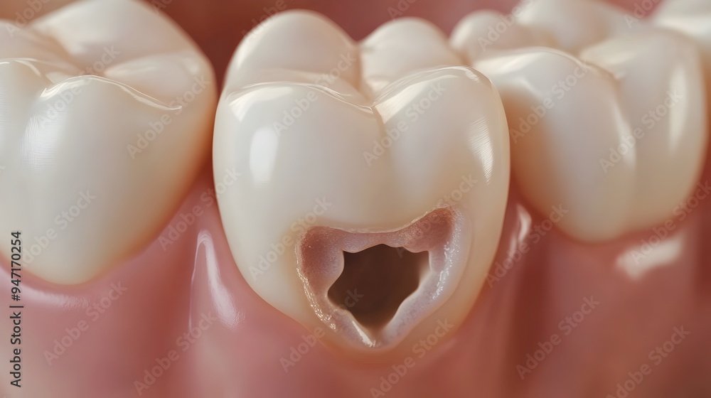 Detailed Close up of Tooth with Visible Cavity Highlighting Dental Health Concerns Detailed Close up of Tooth with Visible Cavity Highlighting Dental Health Concerns