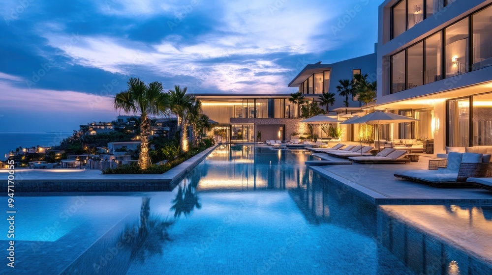 Fototapeta premium Luxury Villa with Infinity Pool overlooking the Sea at Dusk