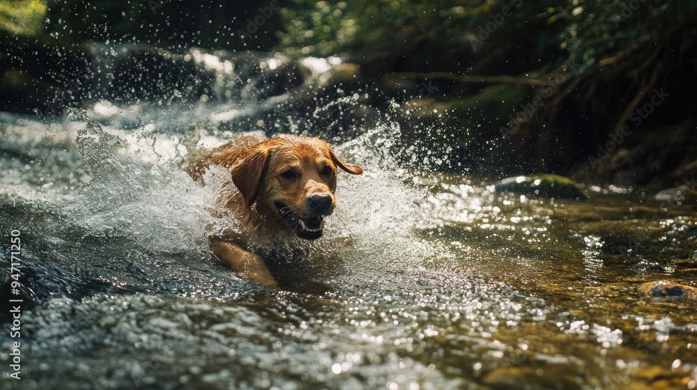 Golden Retriever Splashing in Stream Golden Retriever Splashing in Stream