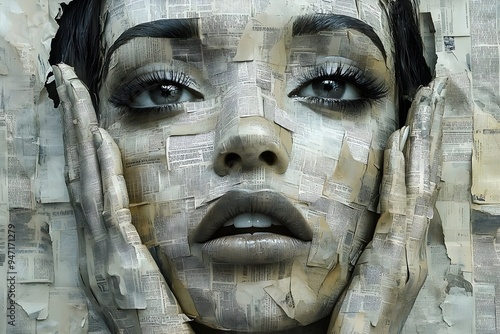 Conceptual portrait of a woman with her hands gently touching her cheek, crafted entirely from newspaper clippings