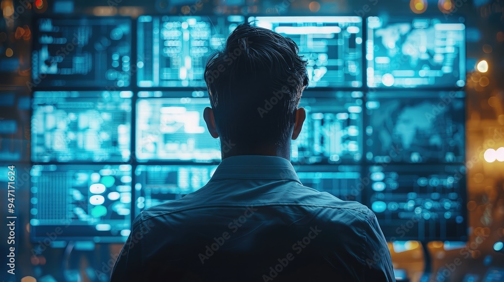 Man working with advanced AI-powered remote monitoring system for industrial operations ensuring safety and efficiency. Generative AI. Man working with advanced AI-powered remote monitoring system for industrial operations ensuring safety and efficiency. Generative AI.