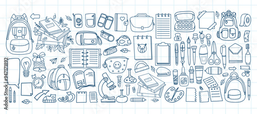 Back to school doodles. Outline hand drawings stationery and art supplies big set. Accessories for study, student equipment, hobby items. Vector illustration. Isolated scribbles on checkered sheet