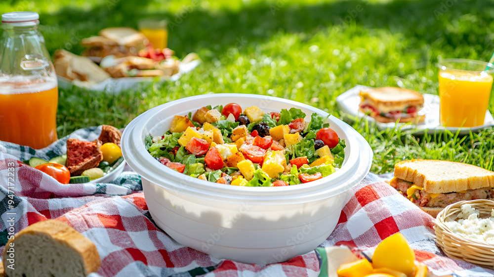 A colorful salad in a white plastic round food container, placed on a checkered picnic blanket in a sunny park A colorful salad in a white plastic round food container, placed on a checkered picnic blanket in a sunny park